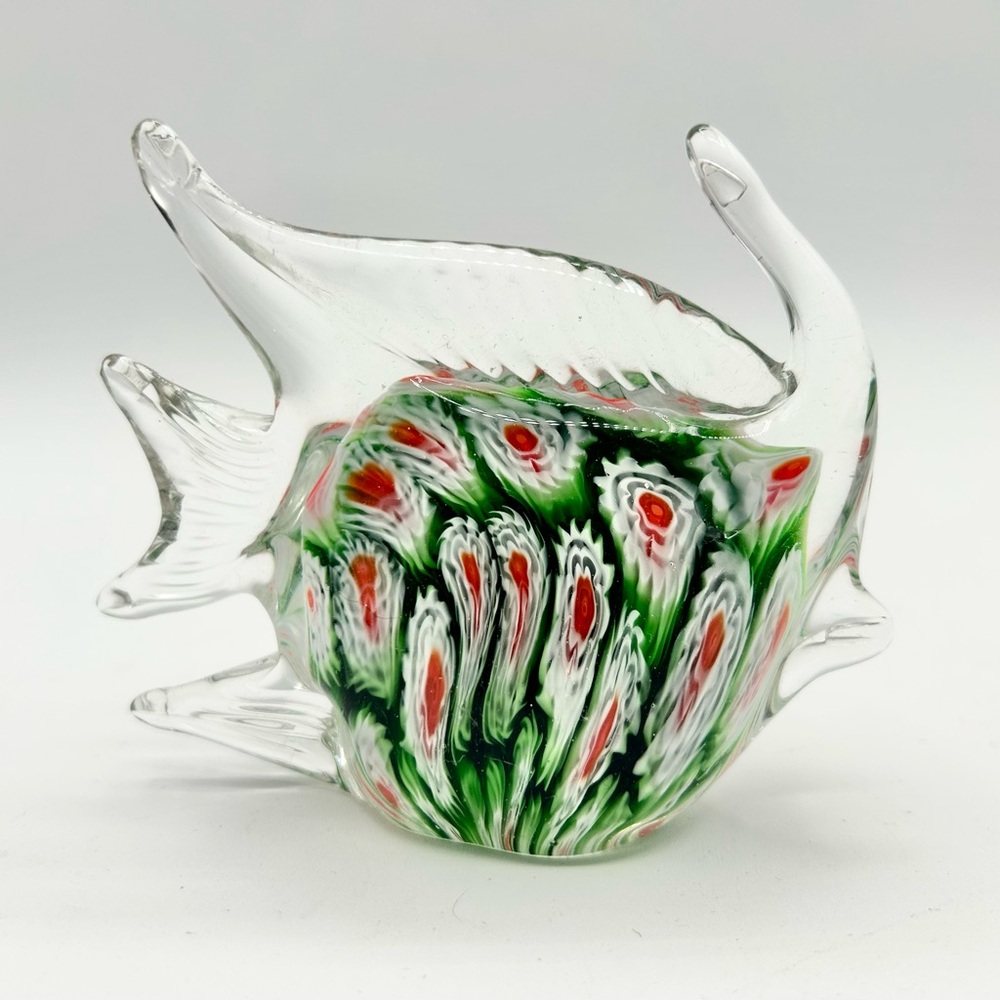 Art Glass Millefiori Fish Figurine Clear Green Red White 3.75" x 4.25"